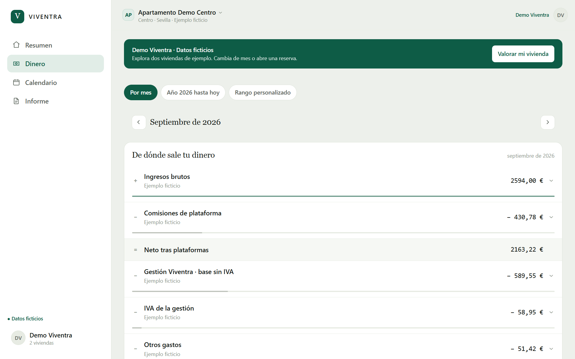 Pantalla de dinero del portal: de dónde sale el neto, reserva a reserva